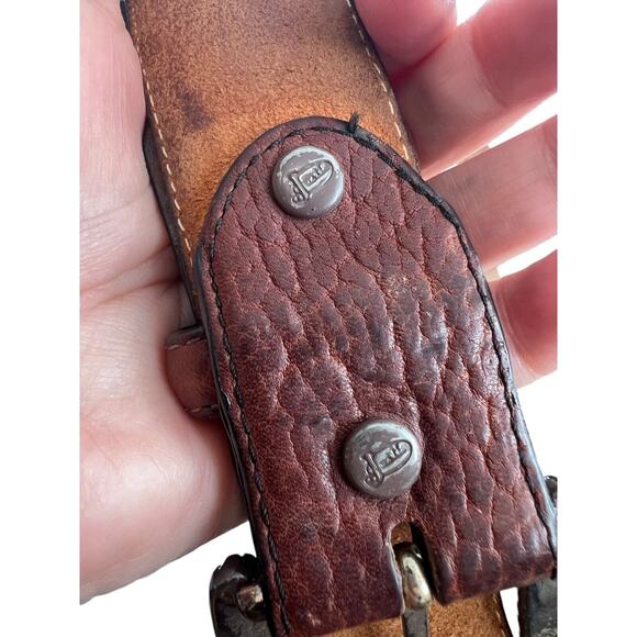 Vintage 1995 JUSTIN Western Black Brown Leather Belt Cowboy Silver Tone Buckle - Picture 6 of 16